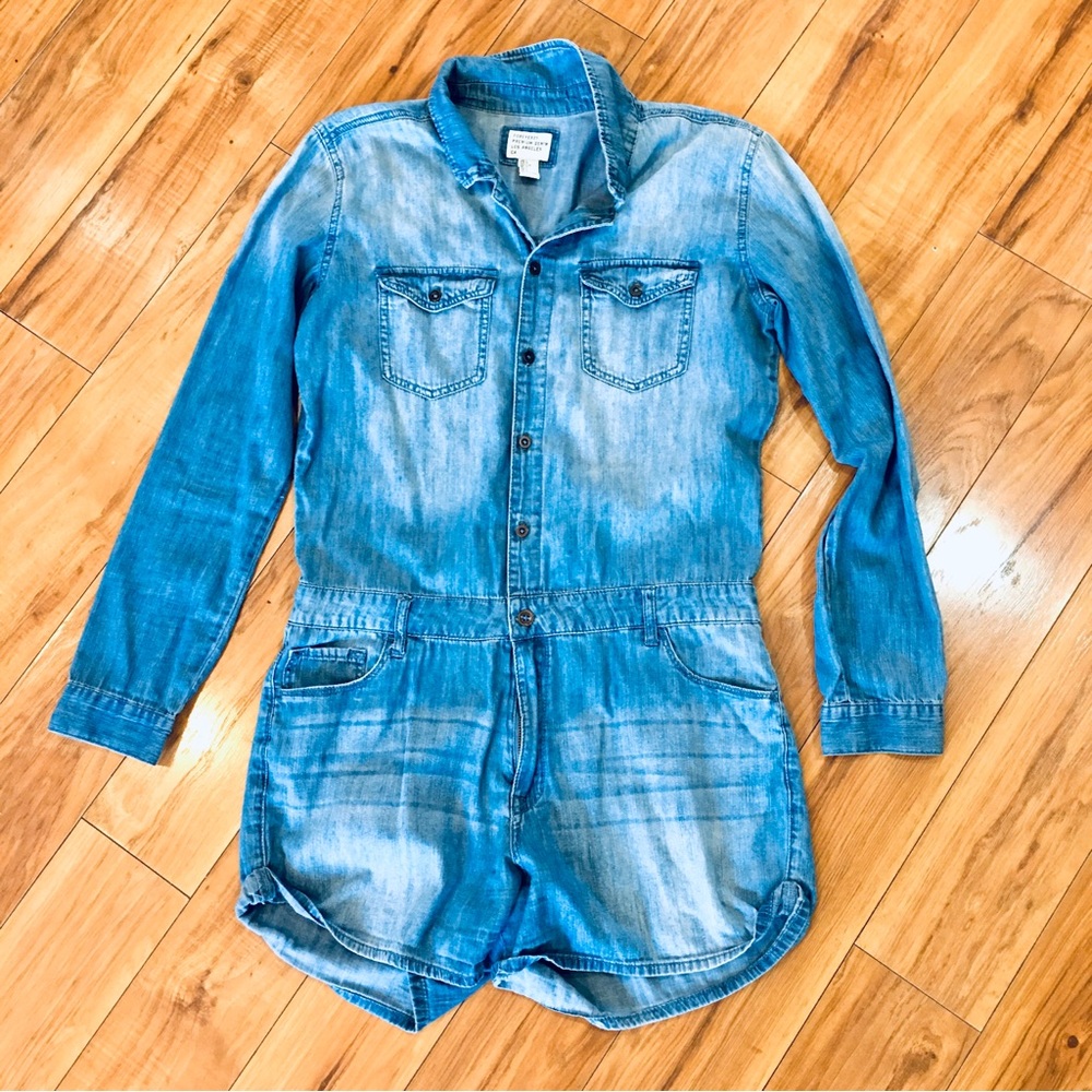 Denim cotton shorts romper overalls preppy blue large long sleeve cottag…